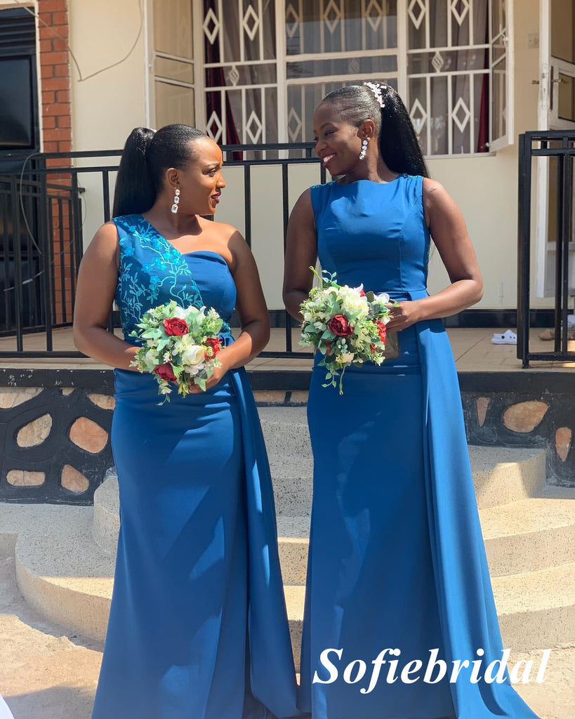 Sexy Mismatched Crepe Fabric Sleeveless Mermaid Floor Length Bridesmaid Dresses With Train, SFWG00598