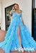 Sexy Blue Tulle Spaghetti Straps V-Neck Sleeveless Side Slit A-Line Floor Length Prom Dress, PD01059