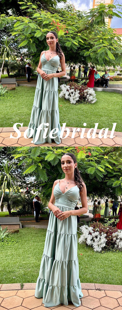 Sexy Soft Satin Spaghetti Straps V-Neck Sleeveless A-Line Floor Length Prom Dress, PD01099