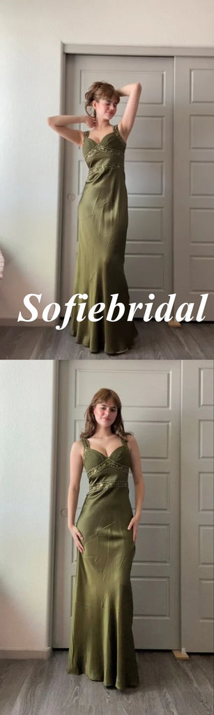 Sexy Soft Satin Spaghetti Straps V-Neck Sleeveless Mermaid Floor Length Prom Dress With Applique, PD01068