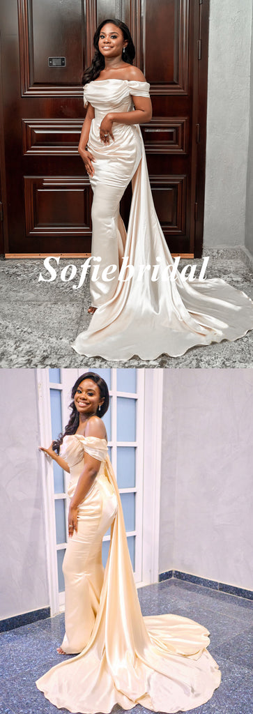 Sexy Soft Satin Off Shoulder Sleeveless Mermaid Floor Length Bridesmaid Dresses With Train, SFWG00557