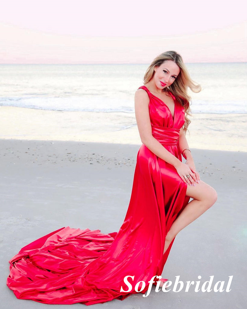 Sexy Red Soft Satin Spaghetti Straps V-Neck Sleeveless Mermaid Long Prom Dresses, PD0992