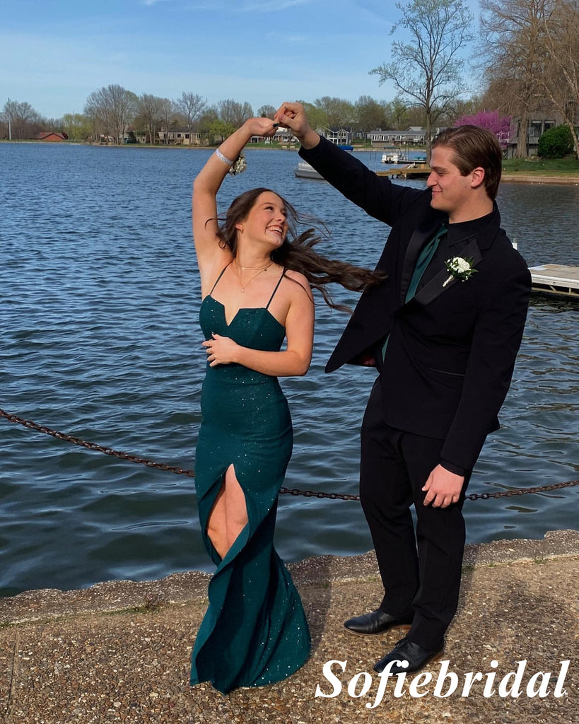 Sexy Shiny Spaghetti Straps Sleeveless Side Slit Mermaid Floor Length Prom Dress, PD01087