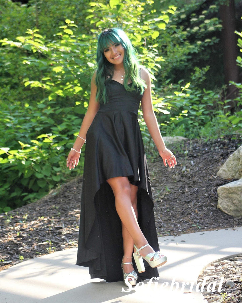 Sexy Soft Satin Spaghetti Straps V-Neck High-Low Floor Length Bridesmaid Dresses, SFWG00586