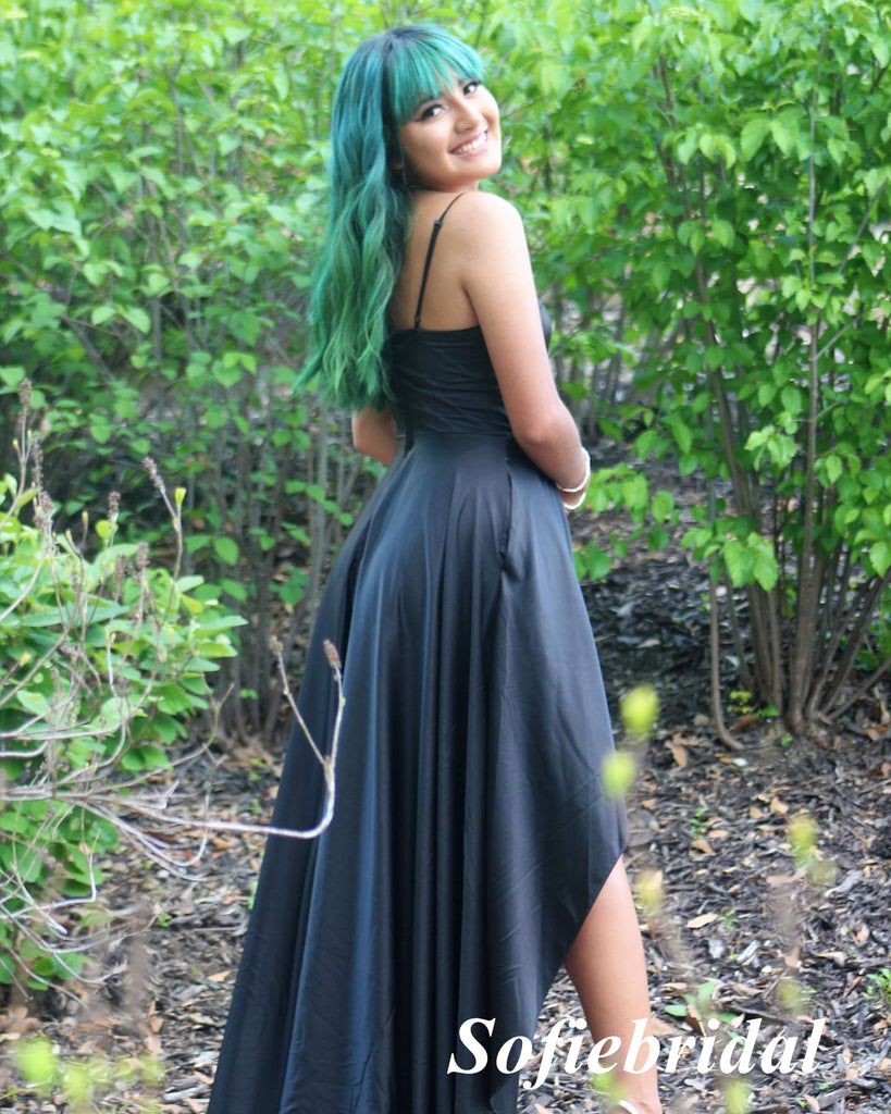 Sexy Soft Satin Spaghetti Straps V-Neck High-Low Floor Length Bridesmaid Dresses, SFWG00586