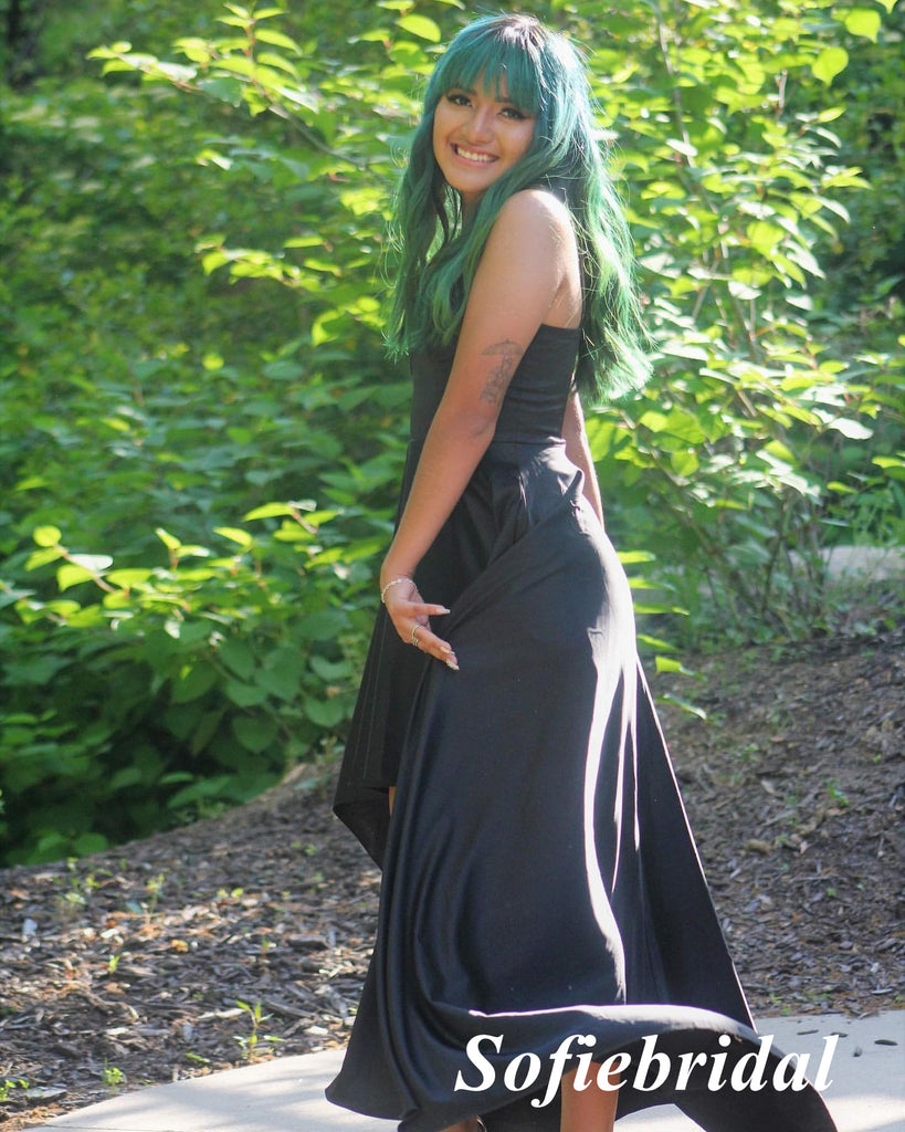 Sexy Soft Satin Spaghetti Straps V-Neck High-Low Floor Length Bridesmaid Dresses, SFWG00586