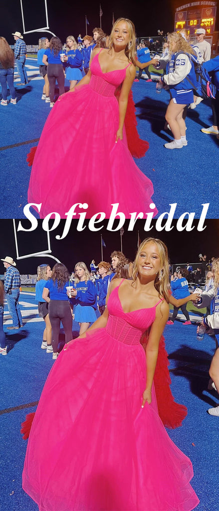 Sexy Tulle Spaghetti Straps V-Neck Sleeveless A-Line Floor Length Prom Dress, PD01098