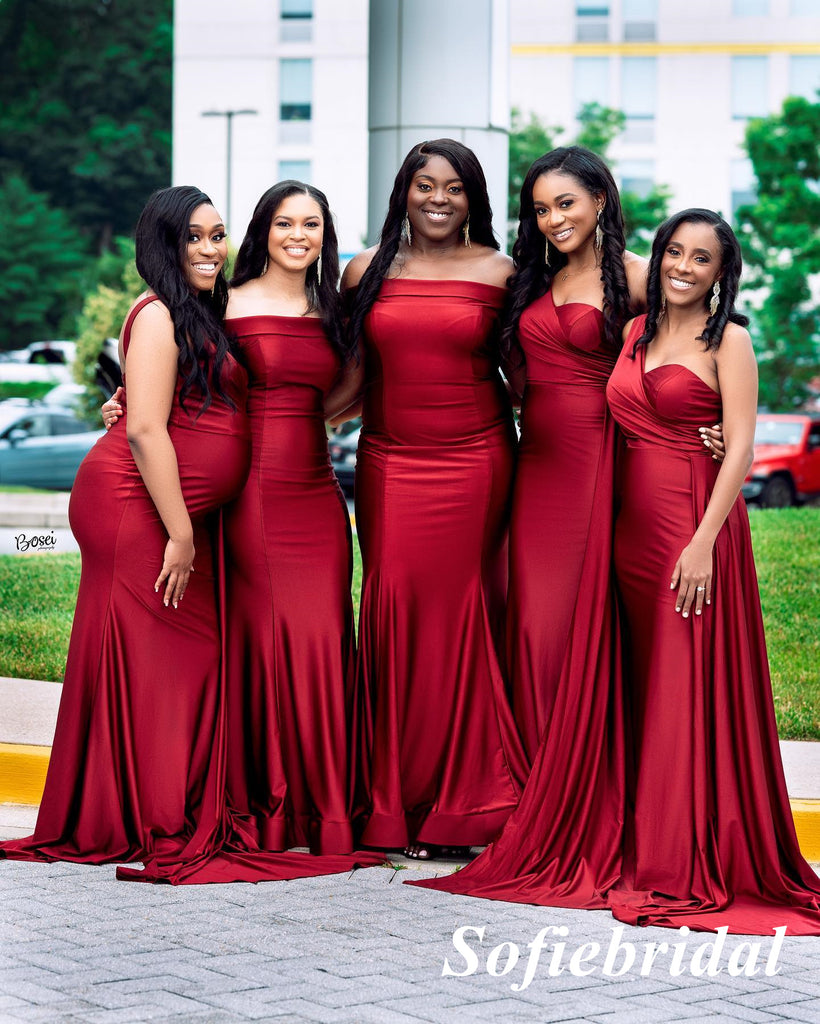 Mismatched Red Soft Satin Mermaid Floor Length Bridesmaid Dresses, SFWG00559