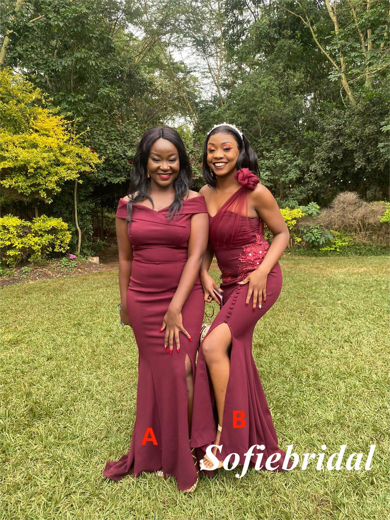 Sexy Mismatched FDY Fabric Side Slit Mermaid Floor Length Bridesmaid Dresses, SFWG00575