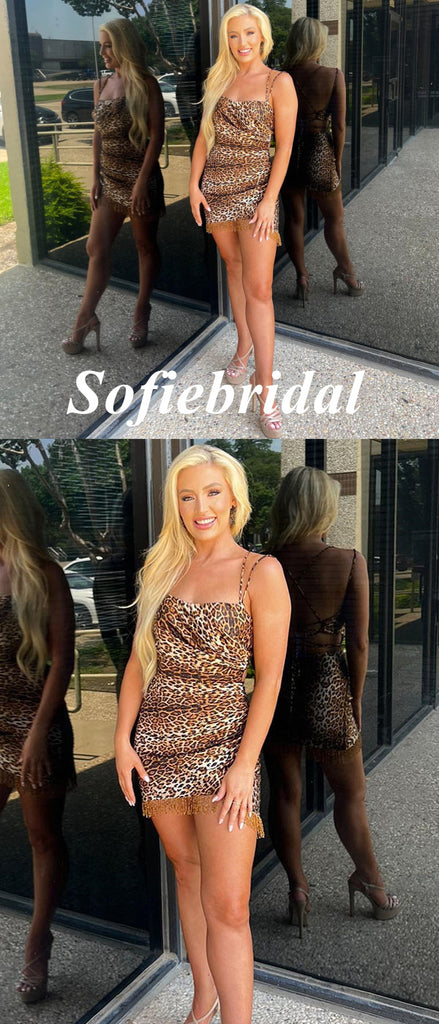 Sexy Leopard Print Fabric Spaghetti Straps Sheath Mini Dresses/ Homecoming Dresses With Tassel, HD0262