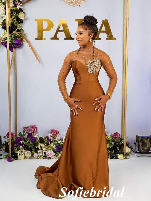 Sexy Soft Satin And Tulle Long Sleeves Floor-Length Mermaid Maxi Mermaid Bridesmaid Dresses, SFWG00618