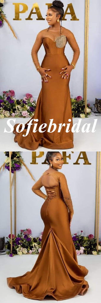 Sexy Soft Satin And Tulle Long Sleeves Floor-Length Mermaid Maxi Mermaid Bridesmaid Dresses, SFWG00618