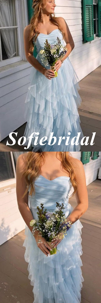 Sexy Blue Tulle Sweetheart Sleeveless A-Line Maxi Prom Dress, PD01157
