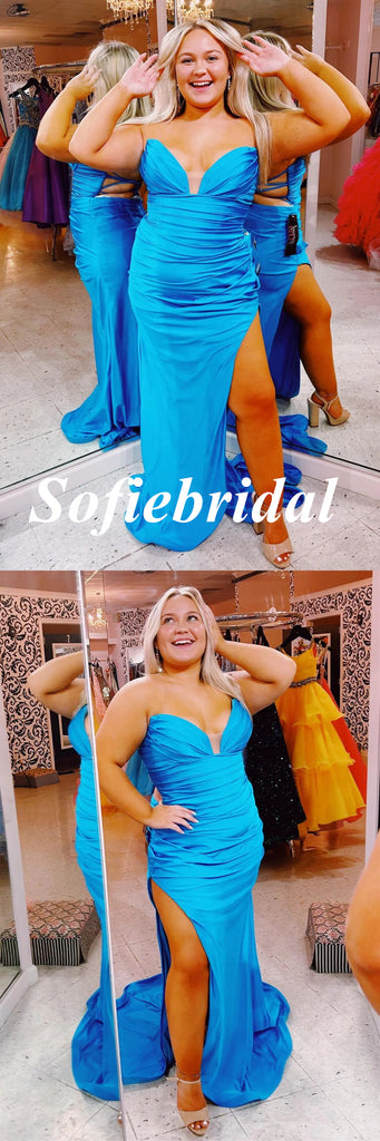 Sexy Soft Satin Sweetheart V-Neck Side Slit Mermaid Long Prom Dresses, PD0972