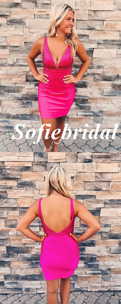 Sexy Spaghetti Straps V-Neck Sleeveless Open Back Sheath Mini Dresses/ Homecoming Dresses, HD0290