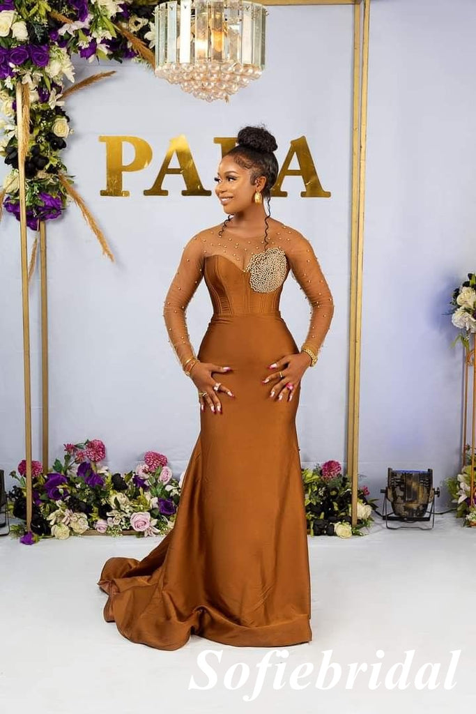 Sexy Soft Satin And Tulle Long Sleeves Floor-Length Mermaid Maxi Mermaid Bridesmaid Dresses, SFWG00618