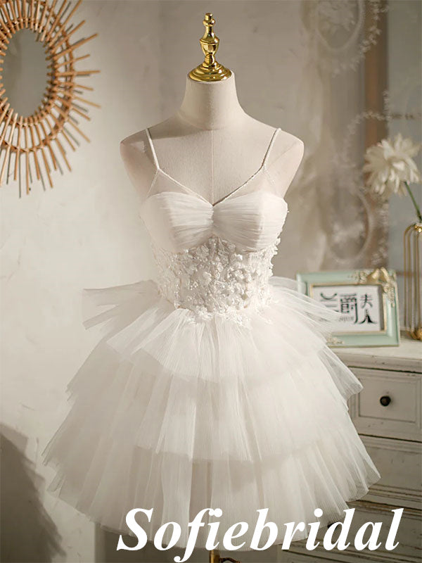 Sexy White Tulle Spaghetti Straps V-Neck A-Line Mini Dresses/ Homecoming Dresses With Beading, HD0257