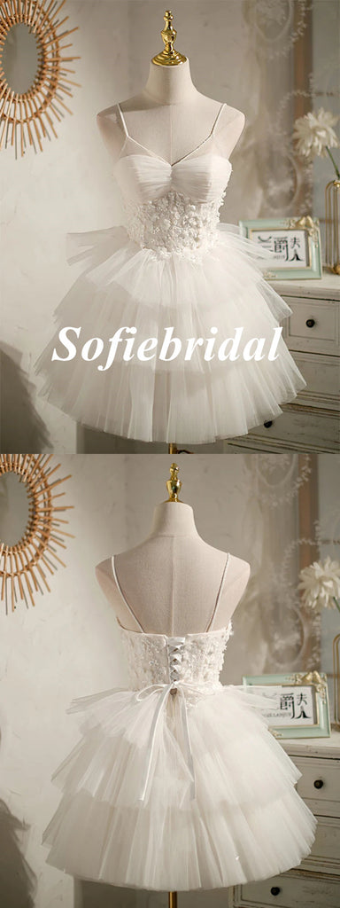 Sexy White Tulle Spaghetti Straps V-Neck A-Line Mini Dresses/ Homecoming Dresses With Beading, HD0257