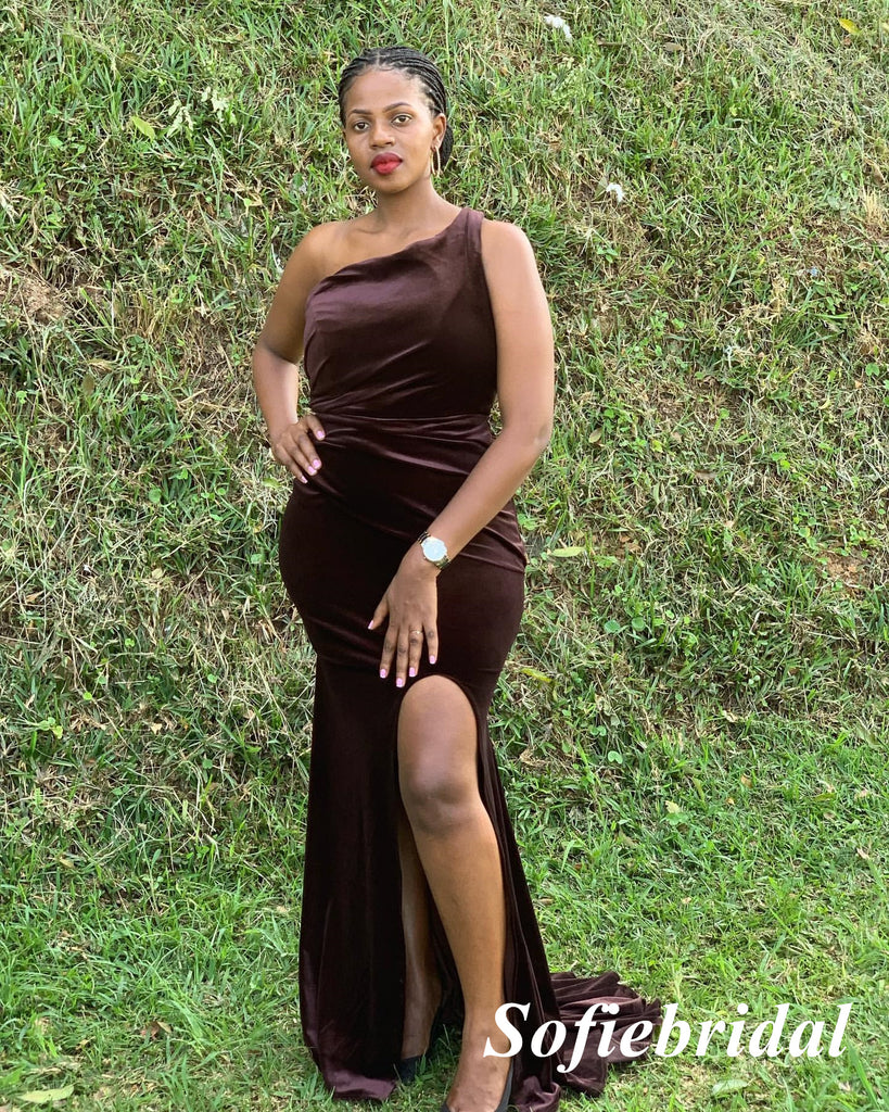 Sexy Velvet One Shoulder Sleeveless Side Slit Mermaid Floor Length Bridesmaid Dresses, SFWG00601