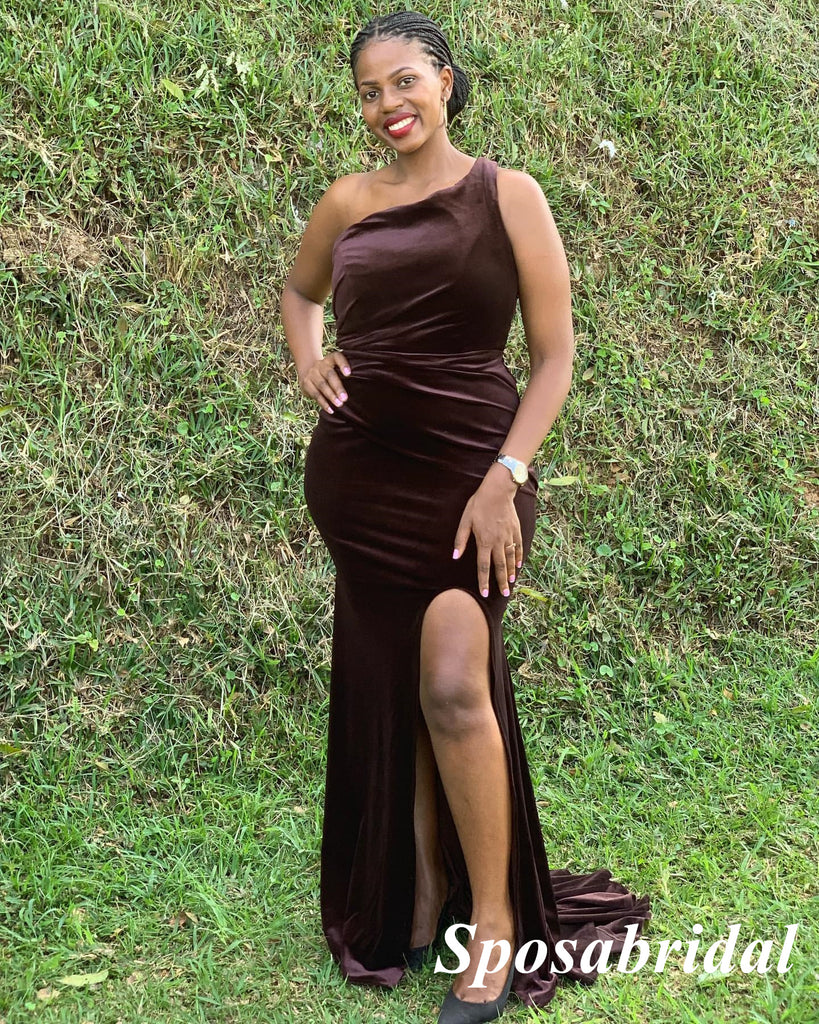 Sexy Velvet One Shoulder Sleeveless Side Slit Mermaid Floor Length Bridesmaid Dresses, SFWG00601