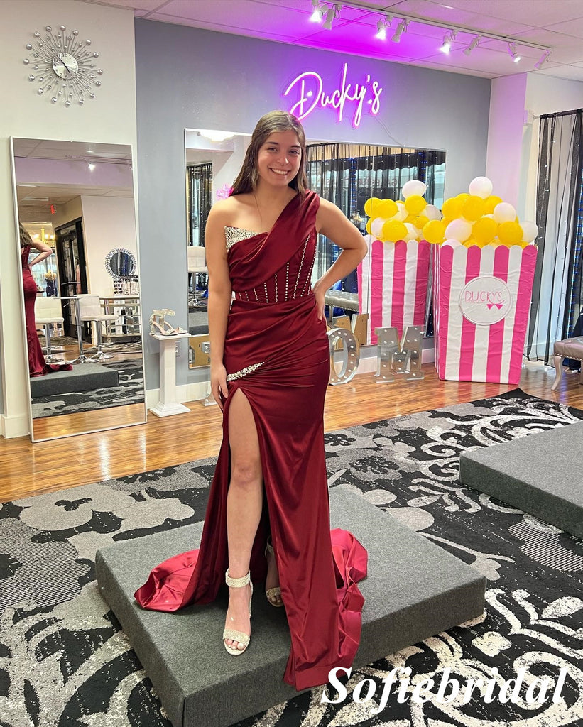 Sexy Soft Satin One Shoulder Sleeveless Side Slit Mermaid Floor Length Prom Dress, PD01096