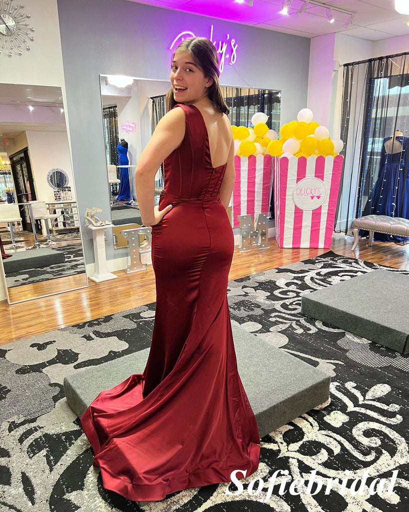 Sexy Soft Satin One Shoulder Sleeveless Side Slit Mermaid Floor Length Prom Dress, PD01096