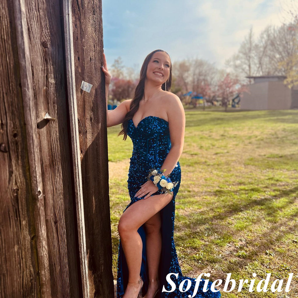 Sexy Royal Blue Sequin Sweetheart Sleeveless Side Slit Mermaid Floor Length Prom Dress, PD01080