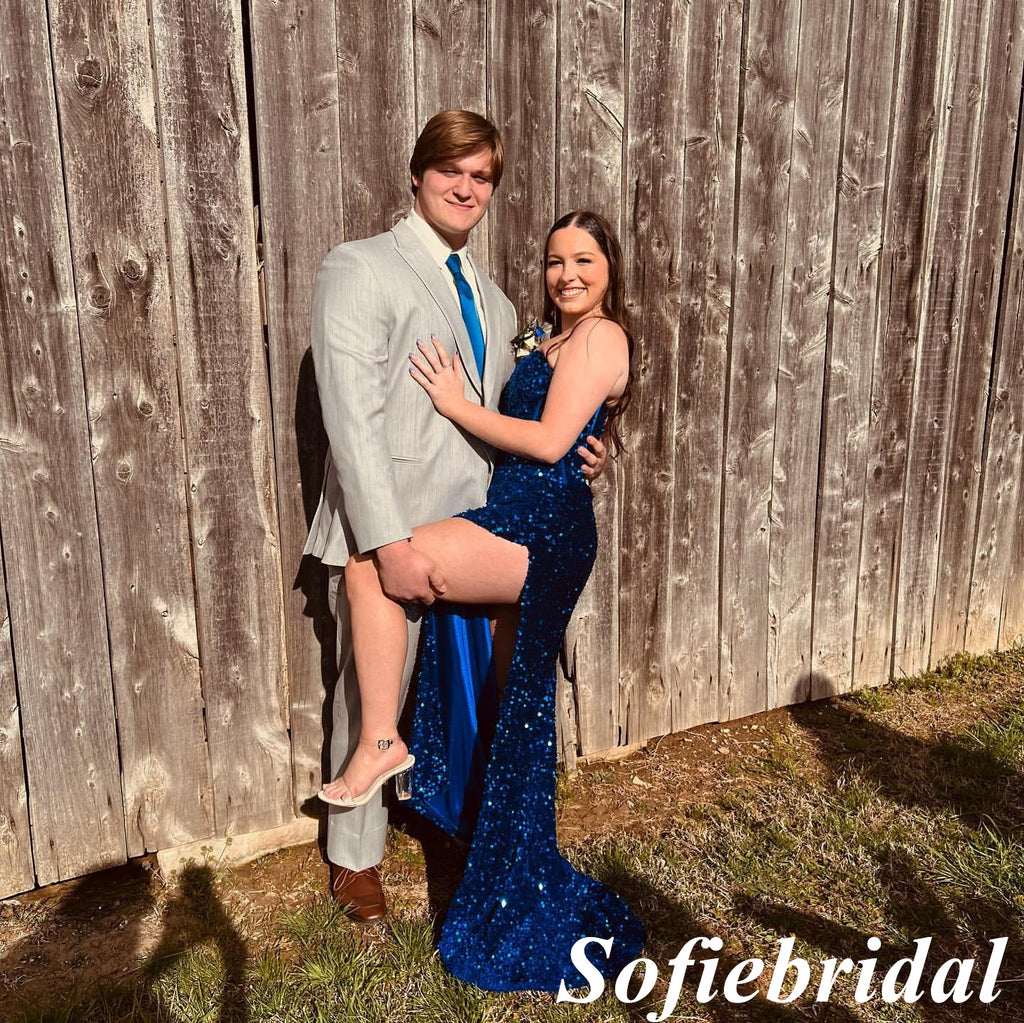 Sexy Royal Blue Sequin Sweetheart Sleeveless Side Slit Mermaid Floor Length Prom Dress, PD01080