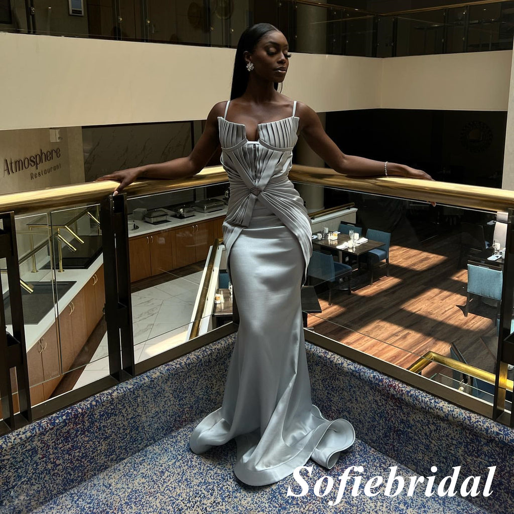 Sexy Soft Satin Spaghetti Straps Sleeveless Memmaid Floor Length Prom Dress, PD01070