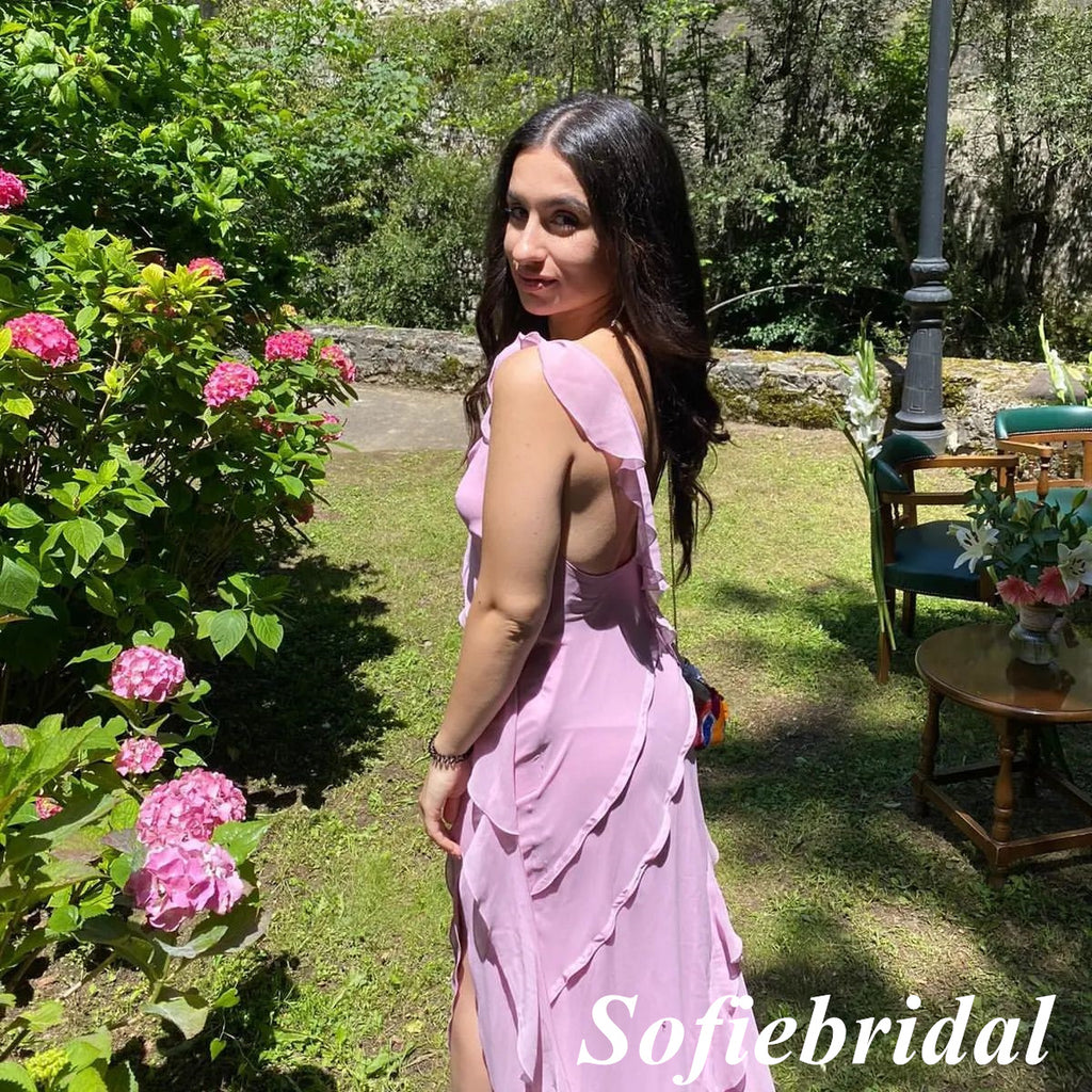 Sexy Pink Chiffon Spaghetti Straps V-Neck Sleeveless Side Slit Mermaid Floor Length Prom Dress, PD01065