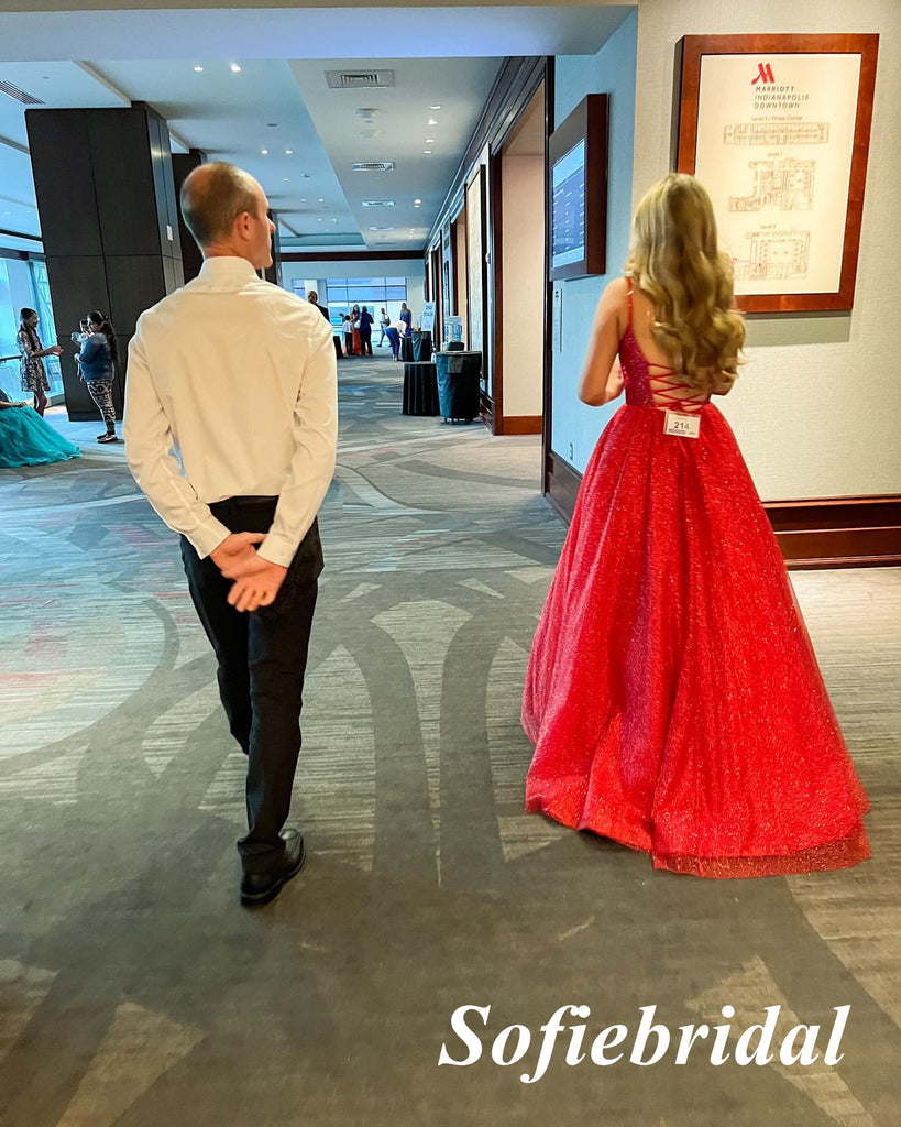 Sparkly Red Sequin Tulle Spaghetti Straps V-Neck Sleeveless A-Line Long Prom Dresses, PD0990