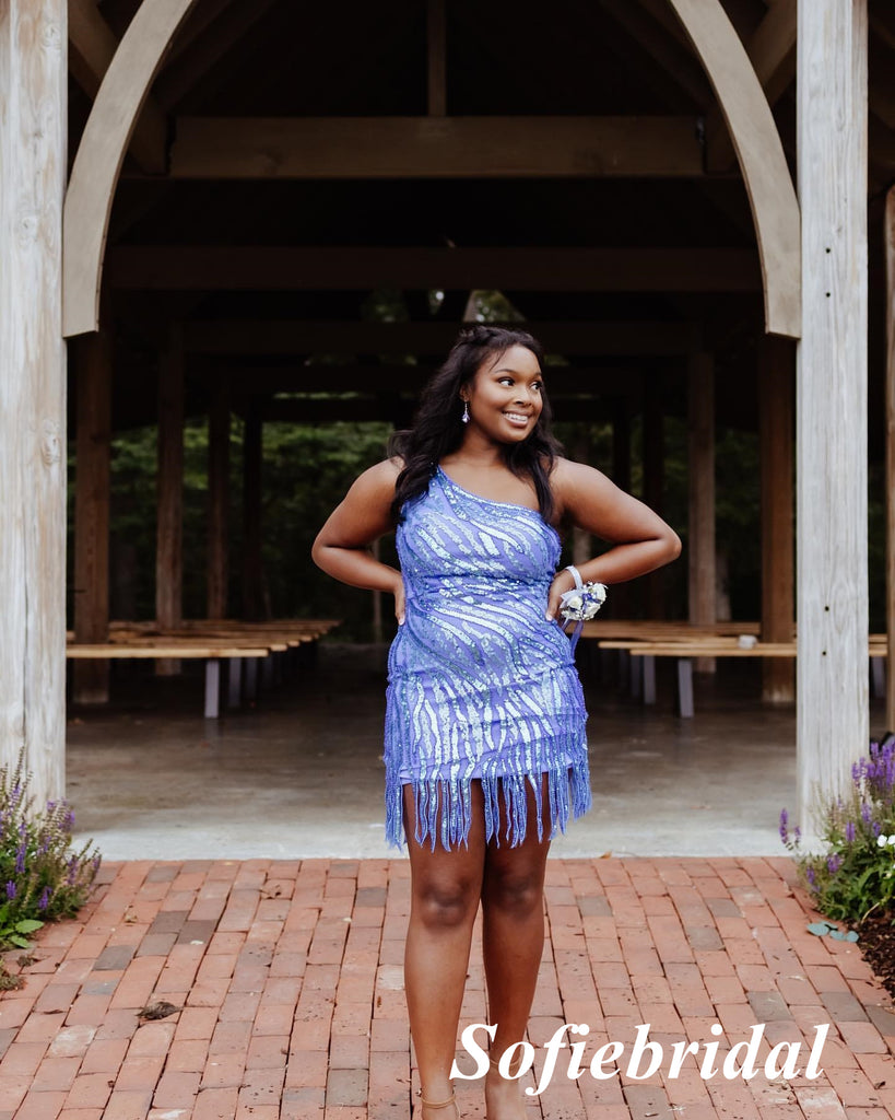 Sexy Sequin Lace One Shoulder Sleeveless Sheath Mini Dresses/ Homecoming Dresses, HD0278