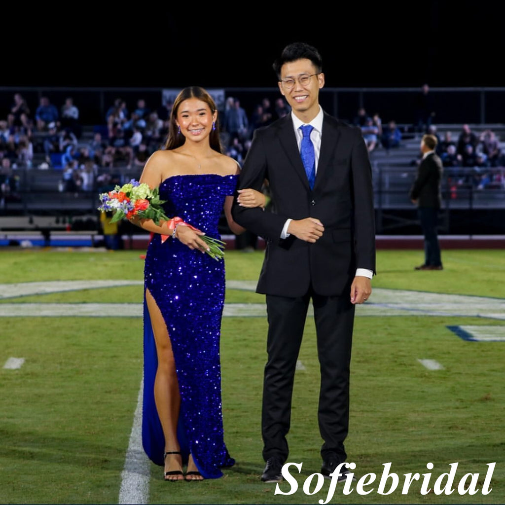 Sexy Royal Blue Sequin One Shoulder Sleeveless Side Slit Mermaid Floor Length Prom Dress, PD01078