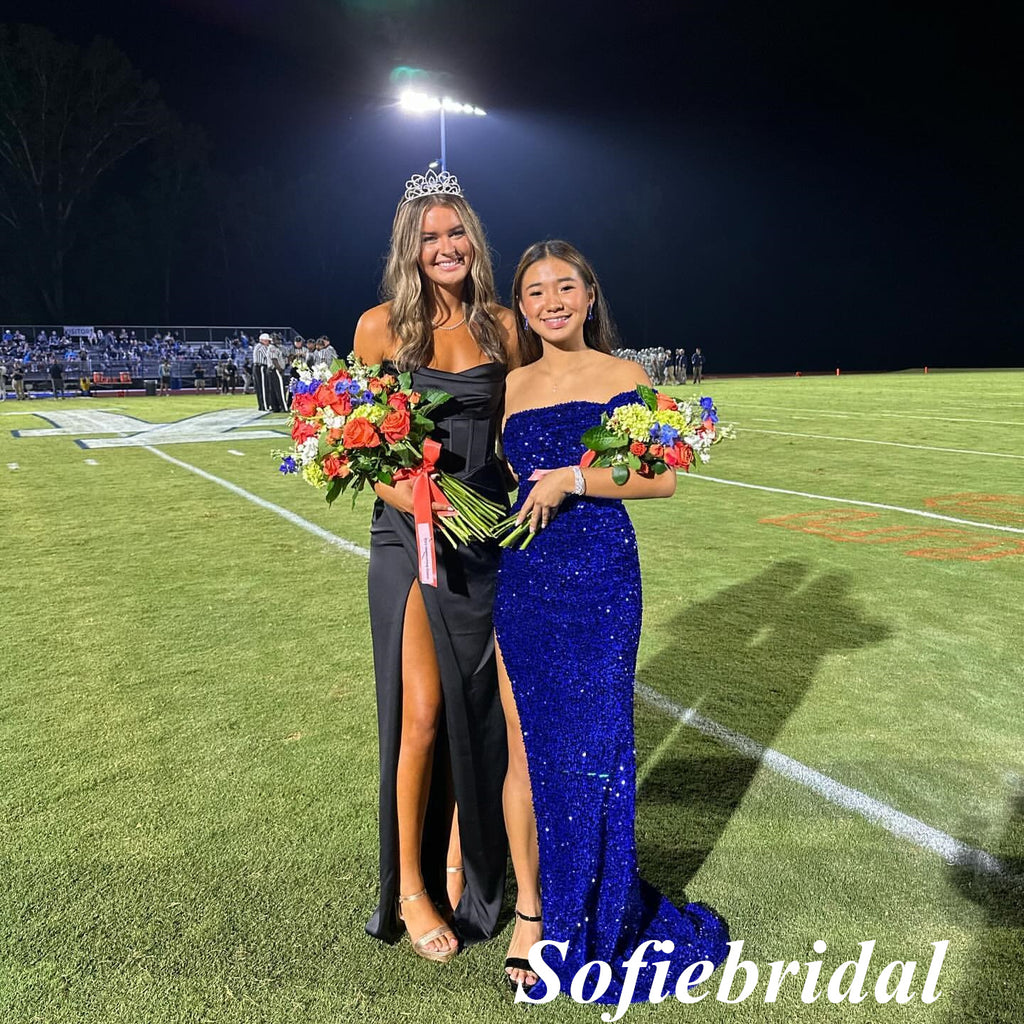 Sexy Royal Blue Sequin One Shoulder Sleeveless Side Slit Mermaid Floor Length Prom Dress, PD01078