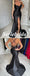 Sexy Black Soft Satin Spaghetti Straps V-Neck Sleeveless Side-Slit Mermaid Long Prom Dresses, PD0955