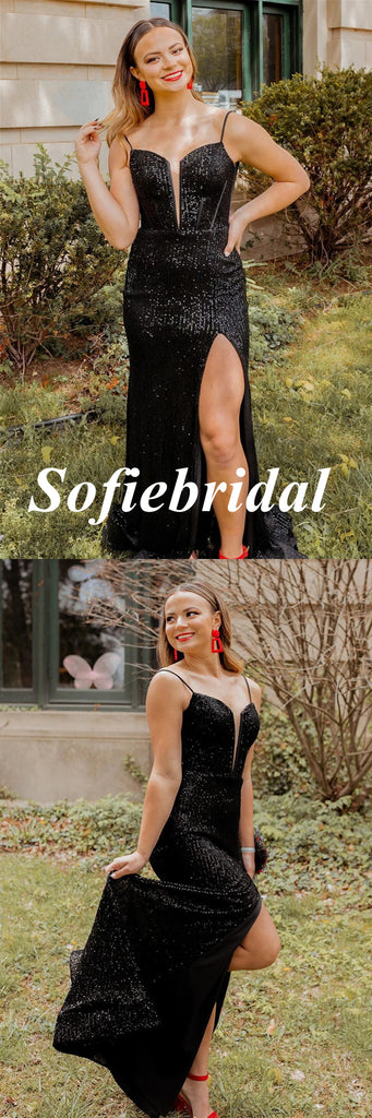 Sexy Black Sequin Lace Up Back Side Slit Mermaid Long Prom Dresses, PD0973