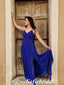Sexy Royal-Blue Spaghetti Straps V-Neck Sleeveless Criss Cross Side Slit A-Line Long Prom Dresses, PD0926