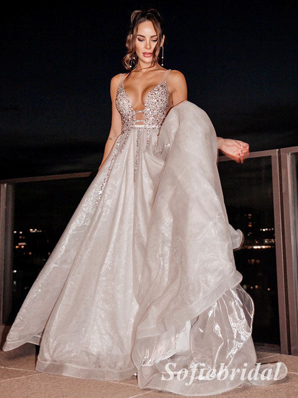 Sexy Spaghetti Straps V-Neck Sleeveless A-Line Long Prom Dresses With Beading, PD0901