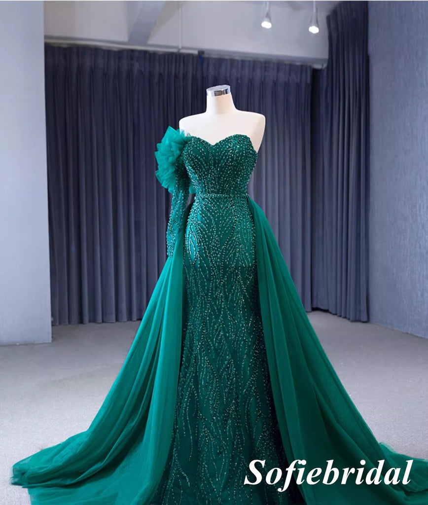 Elegant Tulle One Shoulder Long Sleeve Mermaid Long Dress Prom Dress With Detachable Trail, PD01116