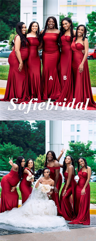 Mismatched Red Soft Satin Mermaid Floor Length Bridesmaid Dresses, SFWG00559