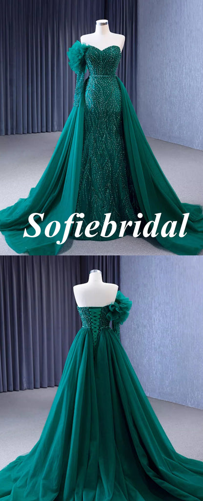 Elegant Tulle One Shoulder Long Sleeve Mermaid Long Dress Prom Dress With Detachable Trail, PD01116