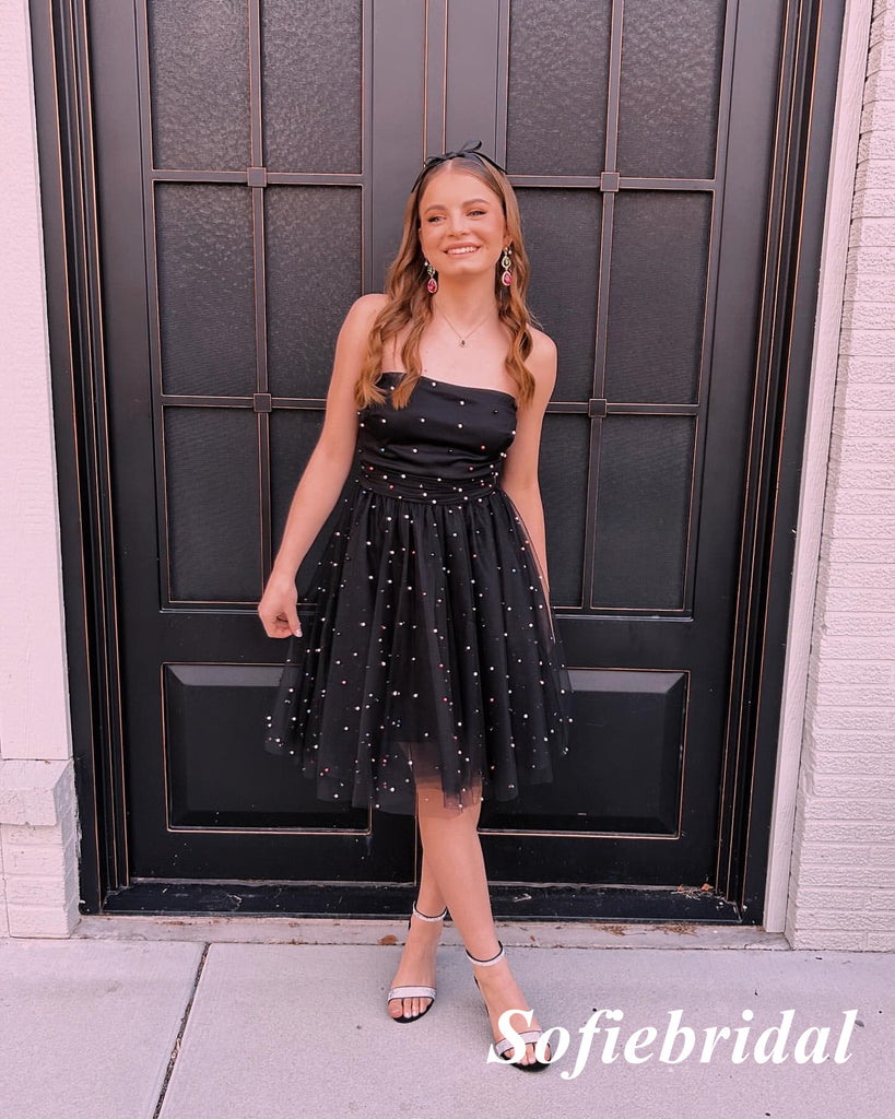 Sexy Black Tulle Sweetheart Sleeveless A-Line Mini Dresses/ Homecoming Dresses, HD0301