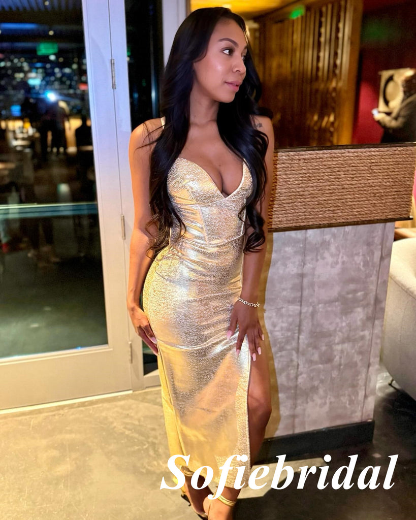 Sexy Special Fabric Spaghetti Straps V-Neck Side Slit Mermaid Midi Dress Prom Dress, PD01108