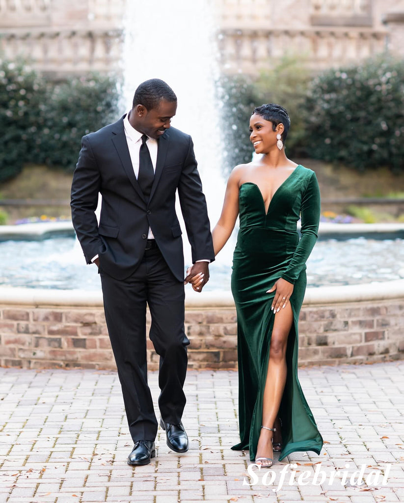 Sexy Velvet One Shoulder Long Sleeves Side Slit Mermaid Floor Length Prom Dress, PD01104