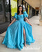 Elegant Satin Half Sleeves Side Slit A-Line Floor Length Prom Dress With Bow Tie, PD01042