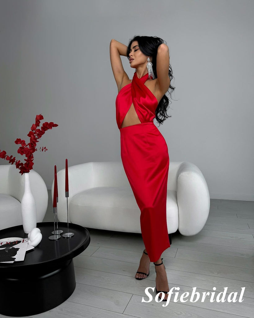 Sexy Soft Satin Halter Sleeveless Memmaid Floor Length Prom Dress, PD01071