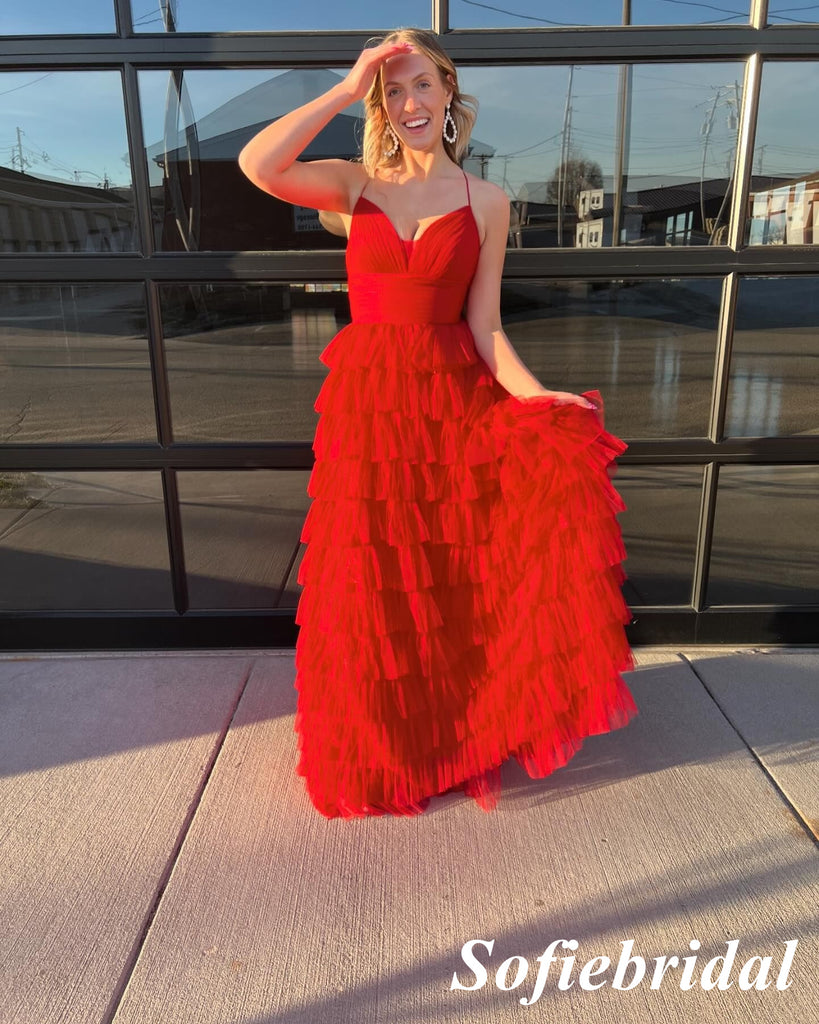 Sexy Red Tulle Spaghetti Straps V-Neck Sleeveless A-Line Floor Length Prom Dress, PD01097