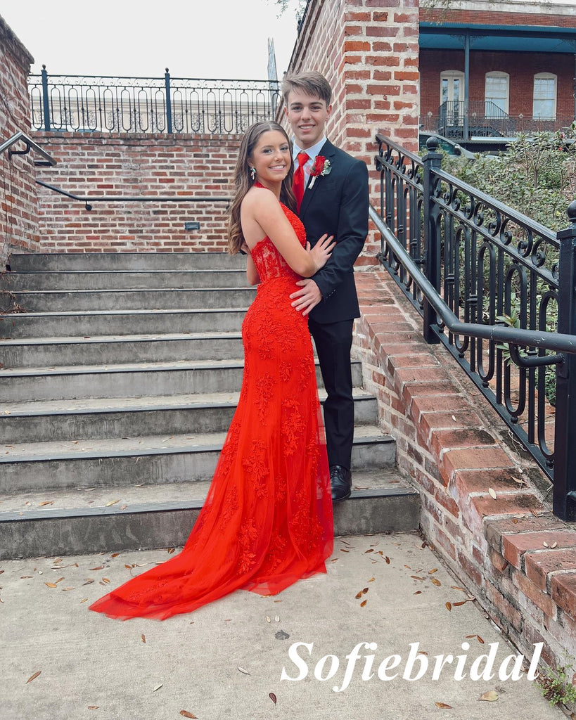 Sexy Red Lace And Tulle Halter V-Neck Sleeveless Mermaid Long Prom Dresses, PD0999