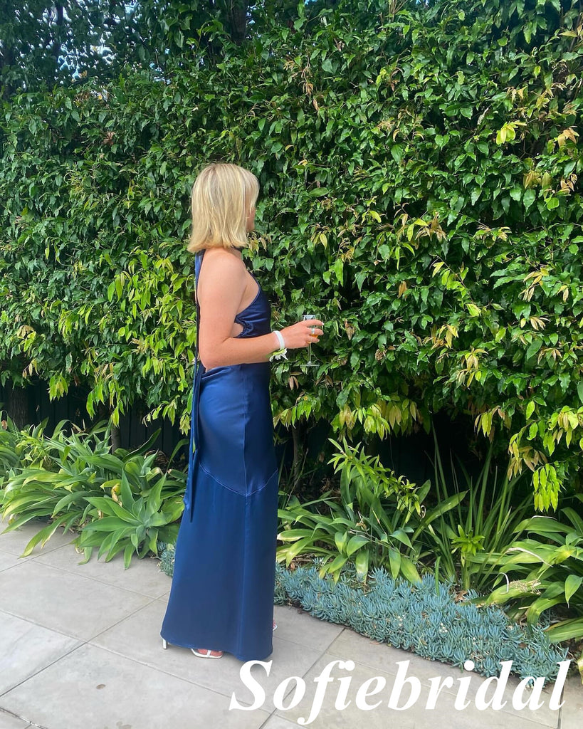 Sexy Soft Satin Halter Sleeveless Lace Up Back Mermaid Floor Length Prom Dress, PD01039