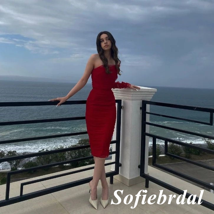 Sexy Red Tulle One Shoulder Long Sleeve Sheath Knee Length Prom Dress, PD01018